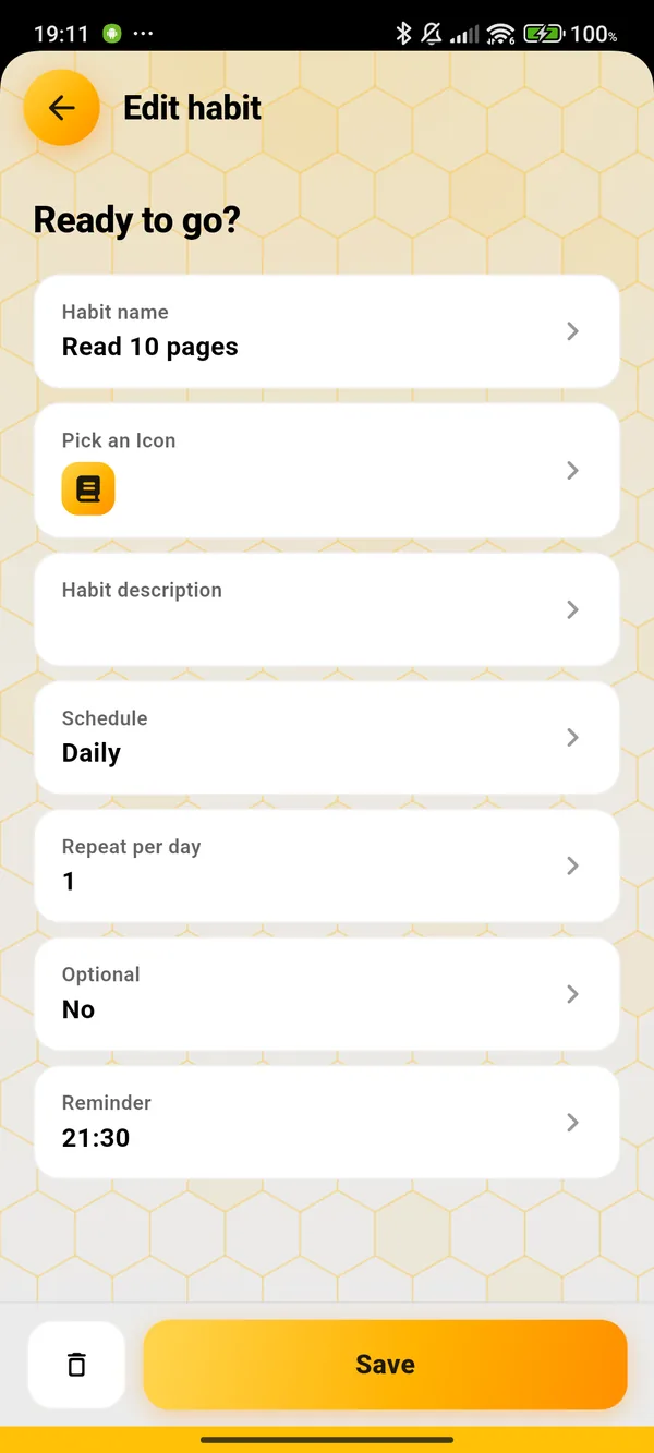 Habit editor with icon, schedule and reminder options