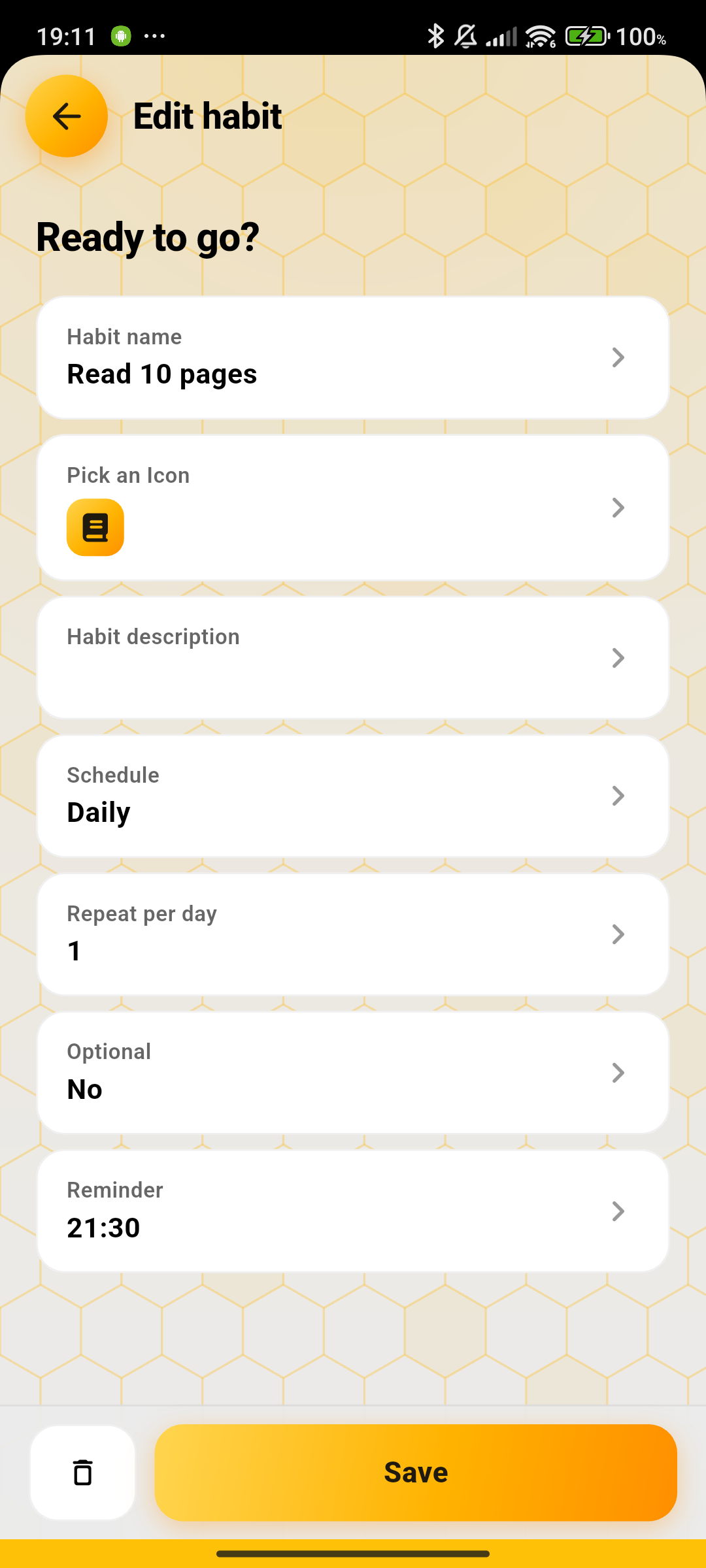 Habit editor with icon, schedule and reminder options