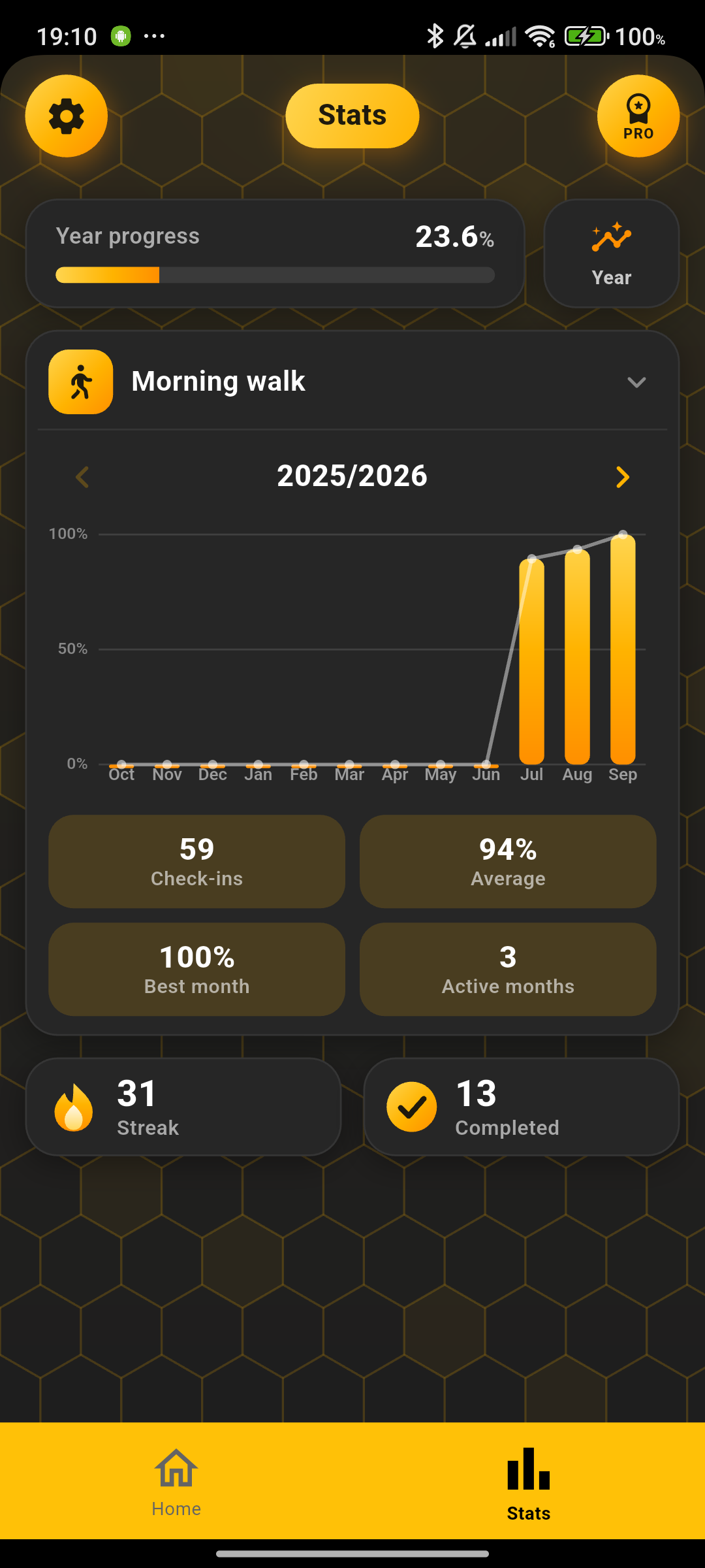 Statistics screen in dark mode: yearly bar chart, 31-day streak, check-ins and best-month figures